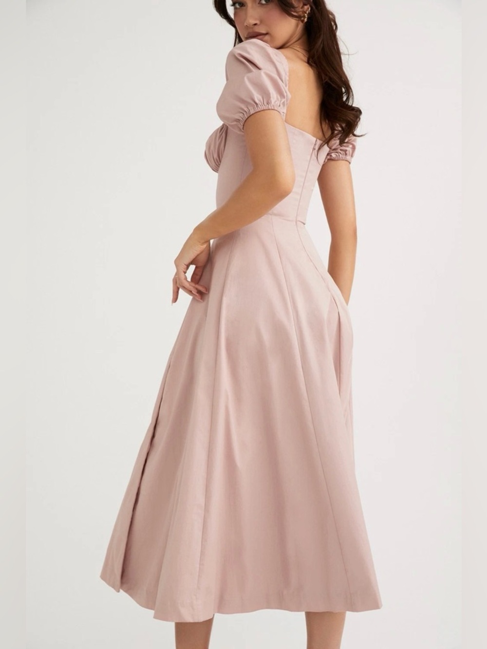 House of CB ‘Tallulah’ Blush Pink Puff Sleeve Midi Corset A-line Dress - Picture 2 of 2